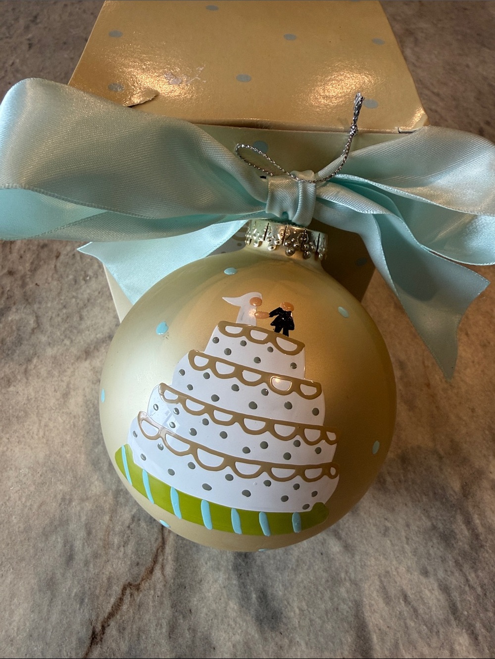 Coton Colors Gold Glass Ornament with Aqua Bow and Wedding Cake & Quote on Back
